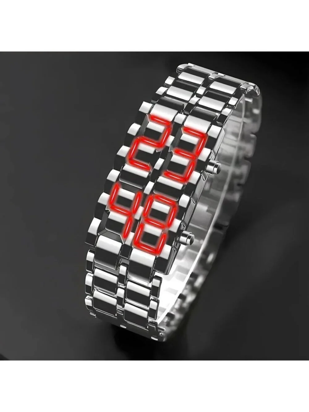 Men's Silver Red Analog Quartz Lava Style Stainless Steel Bracelet Digital Watch